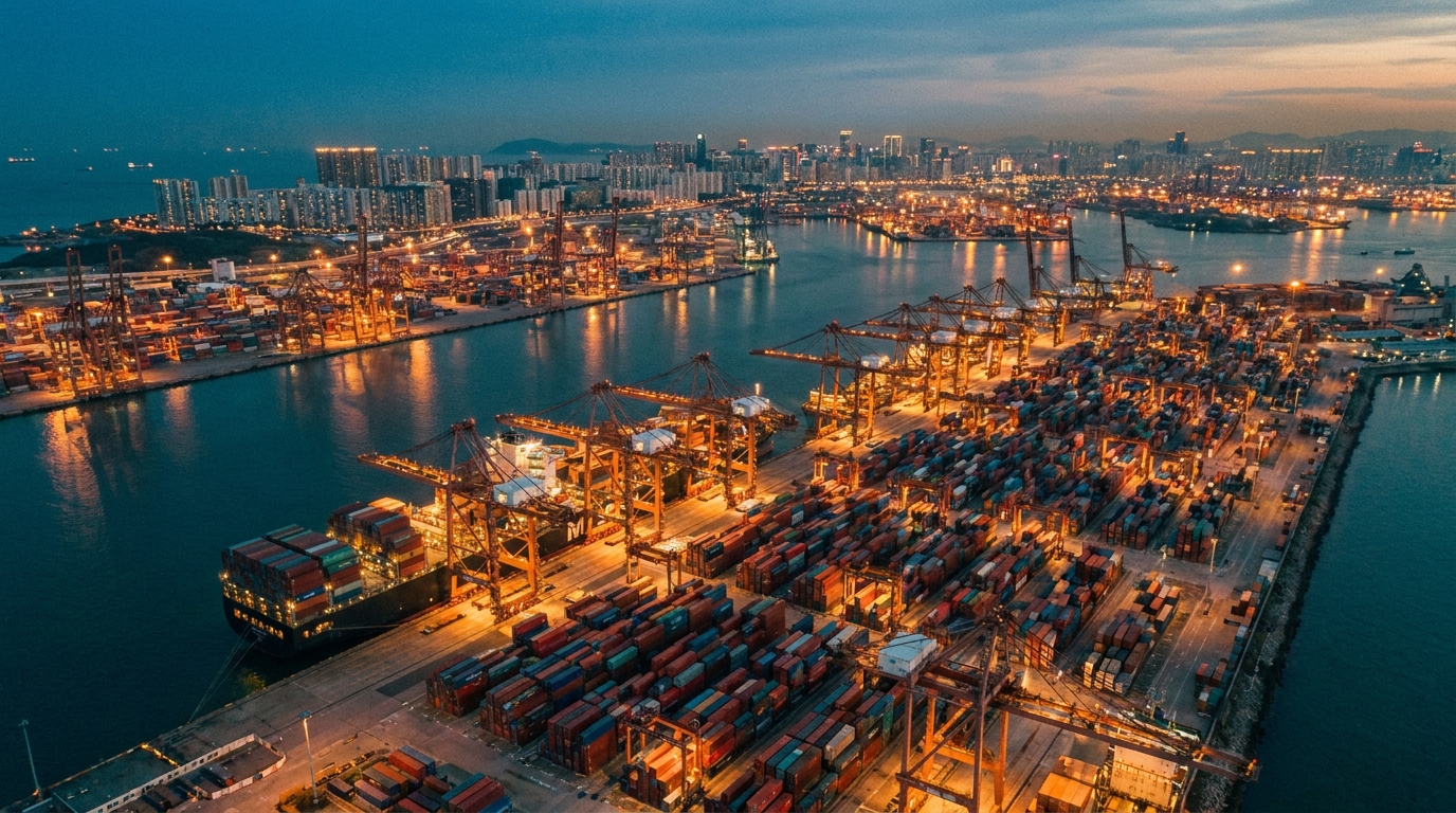 Global shipping port at blue hour